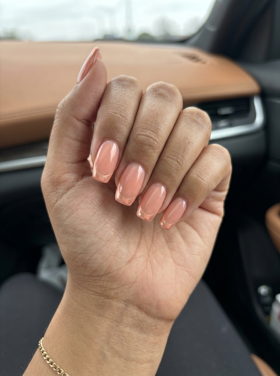 Elegant soft peach chrome French tips on a sheer natural base for work-appropriate spring chrome nails 2026.