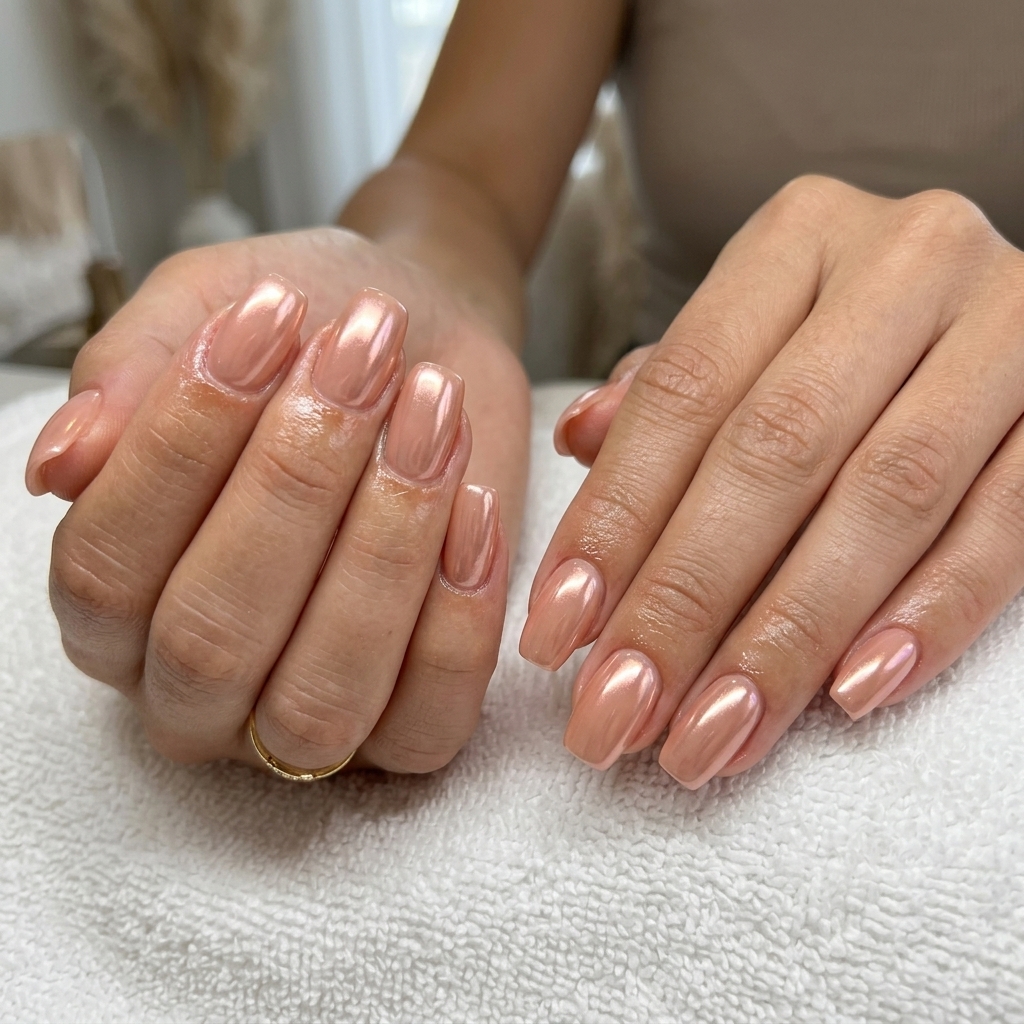 Sophisticated soft peach nails with rose gold chrome shift for effortless spring chrome nails 2026.