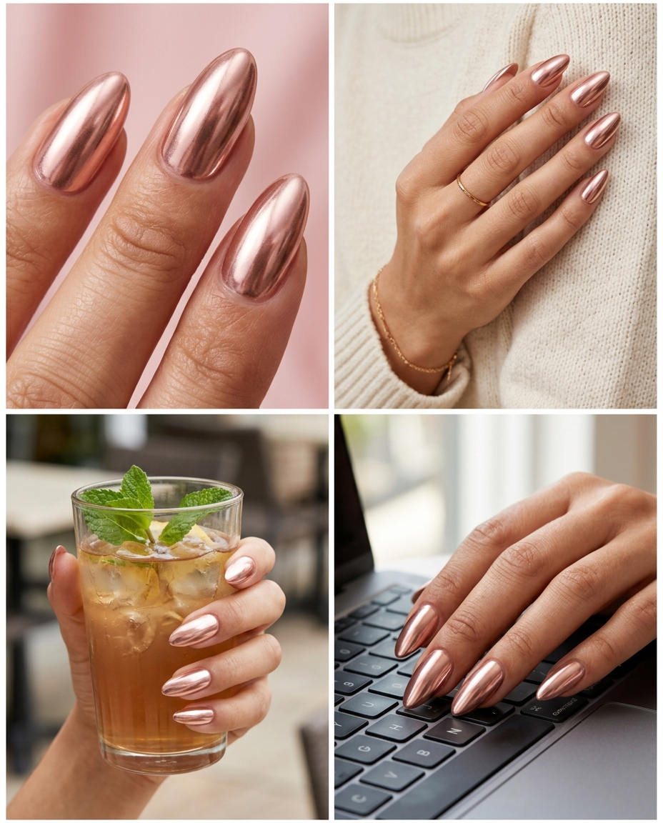 Glamorous full coverage rose gold chrome almond nails for chic spring chrome nails 2026 looks.
