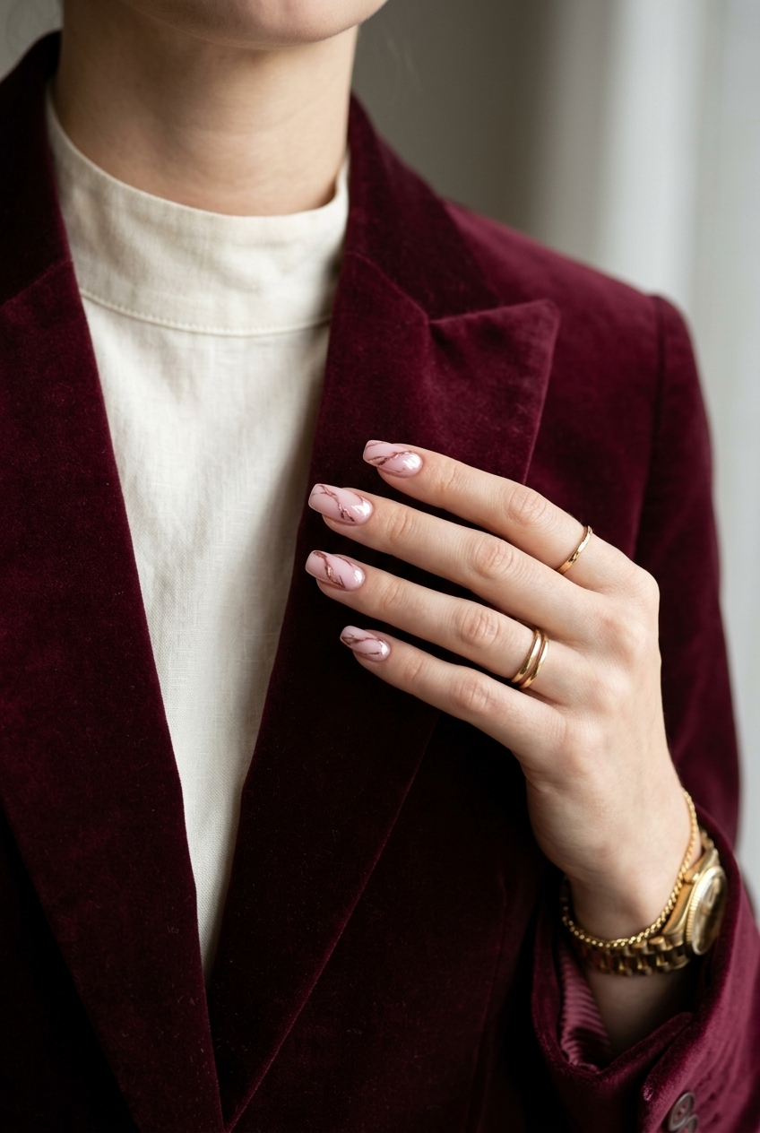 Rose gold marble swirl nails for spring 2026 formal events. Glamorous sophisticated elegance.