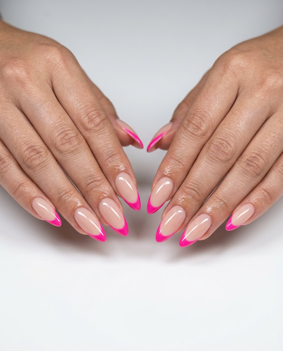 Edgy Pink Reverse French Stiletto Nails 2026 Edgy pink reverse French stiletto nails for date night outfits, stiletto summer nails 2026.