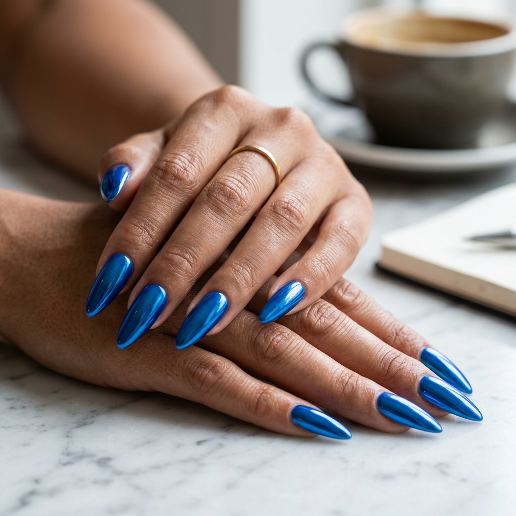 Electric Blue Chrome Stiletto Nails 2026 | Night Out Glam Electric blue chrome stiletto nails for parties and night outs in 2026. Bold and edgy.