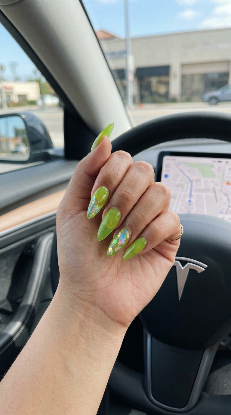 Lime Green Jelly Stiletto Nails 2026 Lime green jelly stiletto nails with foil accents for festivals, stiletto summer nails 2026.