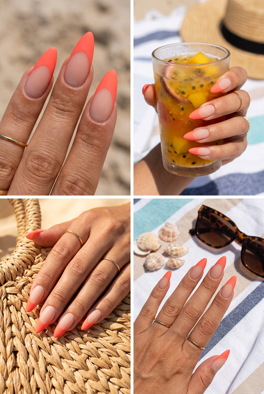 Matte Coral French Stiletto Nails 2026 | Chic Summer Style Matte coral French stiletto nails for summer parties and date nights in 2026. Edgy and chic.