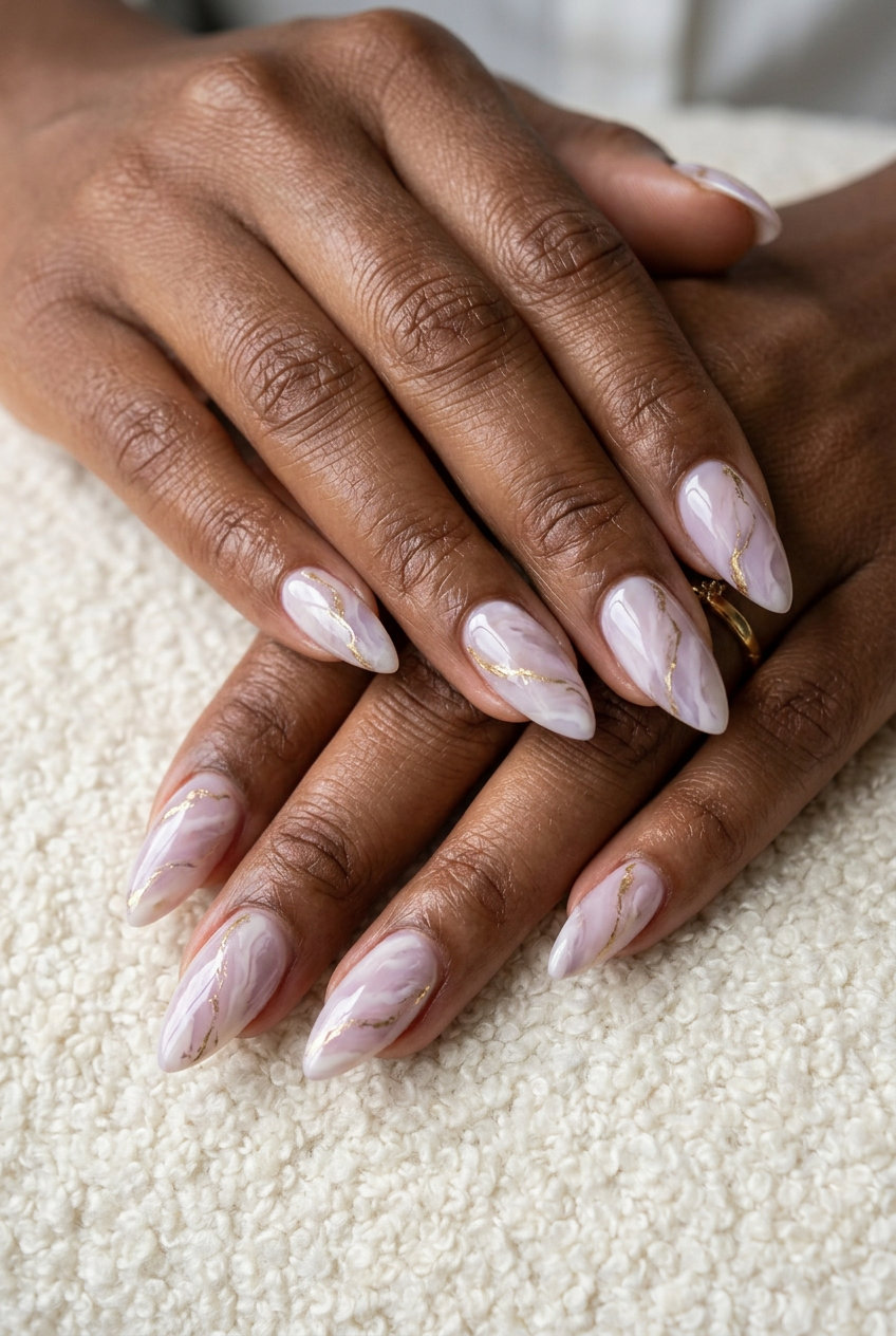 Milky Lilac Marble Almond Nails 2026 Milky lilac marble almond nails with gold foil accents for wedding guest outfits, stiletto summer nails 2026.