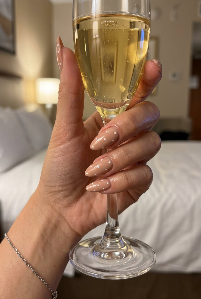 Stiletto Summer Nails 2026: Polka Dot Chic Stiletto summer nails 2026: Polka Dot Chic for daily wear. Minimalist nude with white dots.