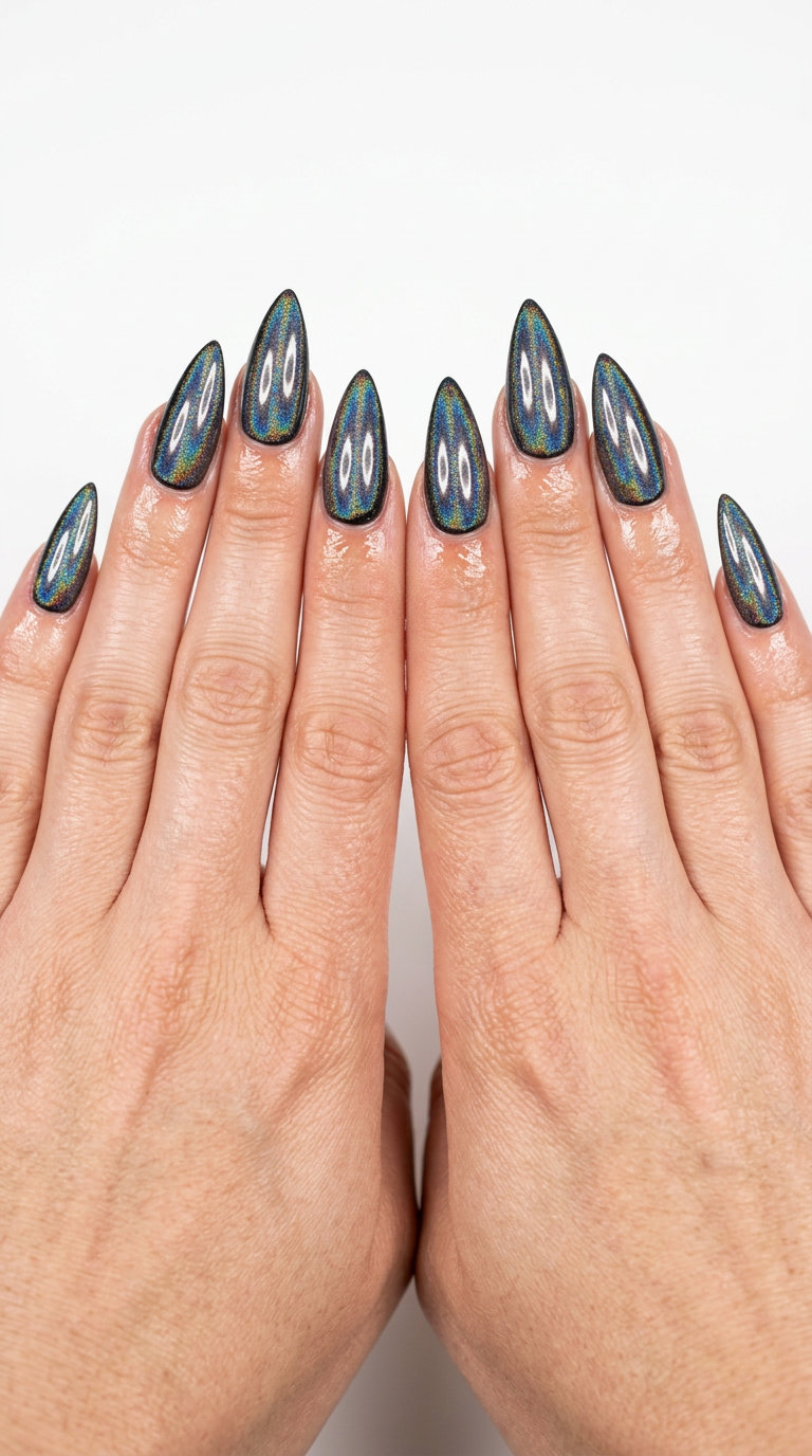Holographic Rainbow Stiletto Nails 2026 | Festival & Party Style Prismatic holographic rainbow stiletto nails for festivals and parties in 2026. Futuristic and energetic.
