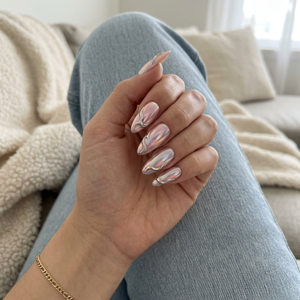 Sculptural Chrome Stiletto Nails 2026 Sculptural chrome stiletto nails with iridescent shift for evening events, stiletto summer nails 2026.