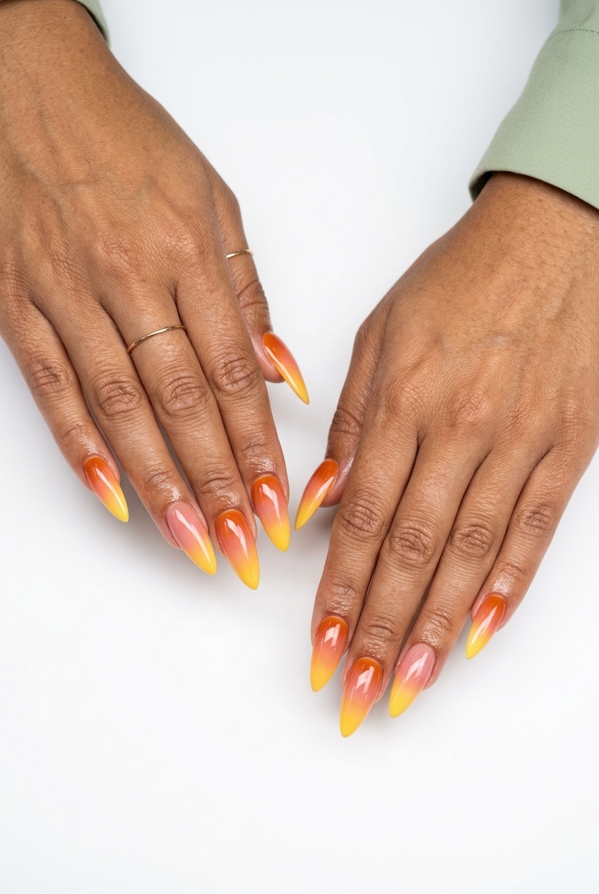 Sunset Ombre Gradient Stiletto Nails 2026 Sunset ombre gradient stiletto nails in orange, pink, and yellow for vacation outfits, stiletto summer nails 2026.