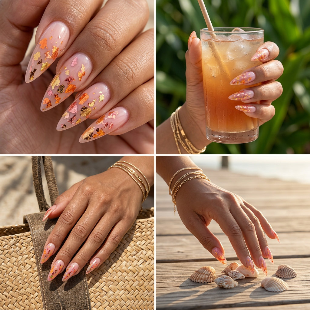 Stiletto Summer Nails 2026: Sunset Foil Flakes Stiletto summer nails 2026: Sunset Shimmer Foil Flakes for festivals and vacation. Radiant orange, gold, pink.