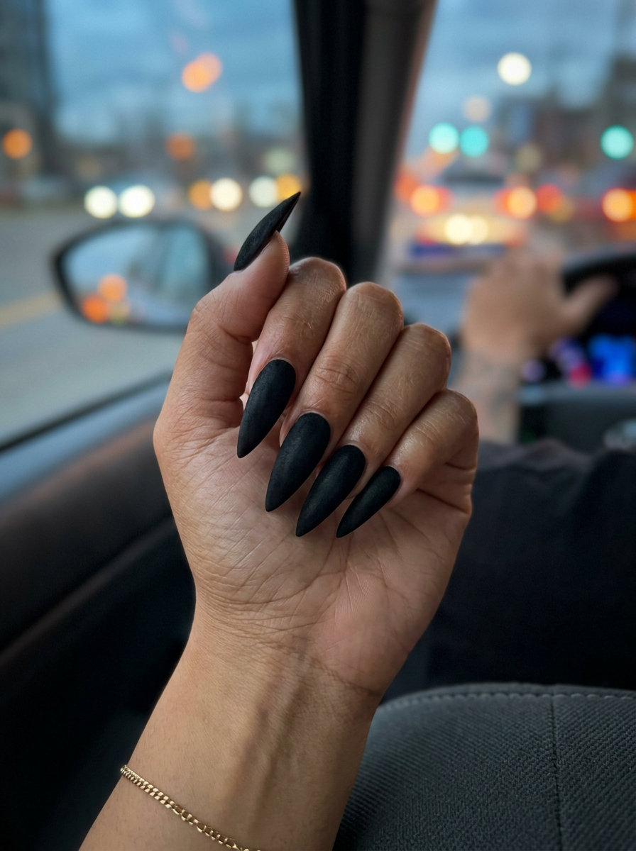 Stiletto summer nails 2026: Velvet Noir Stiletto for evening events and date nights. Sophisticated matte look.