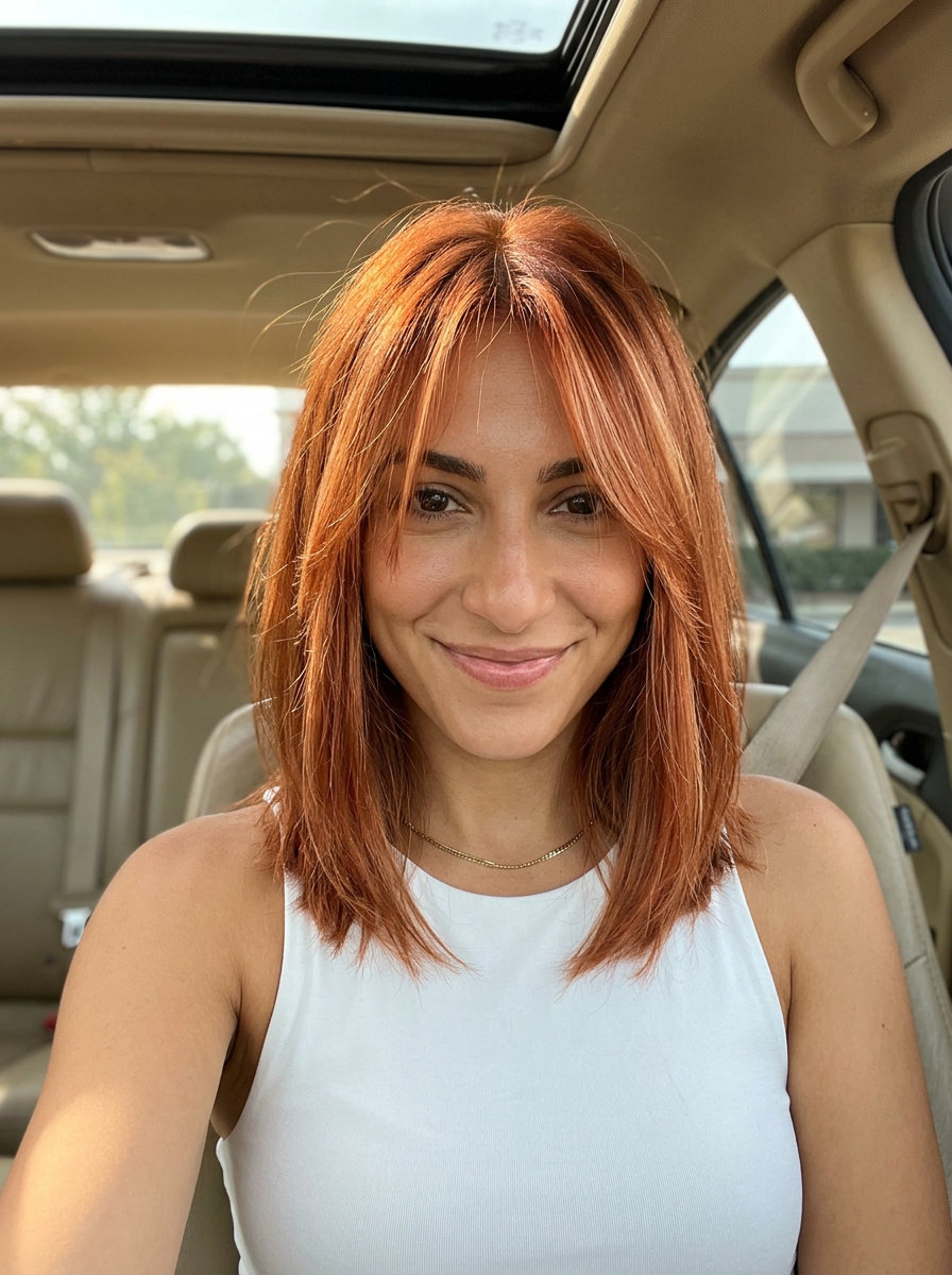 collarbone-length lob in strawberry auburn with bright reddish-blonde Scandi hairline for soft summer looks