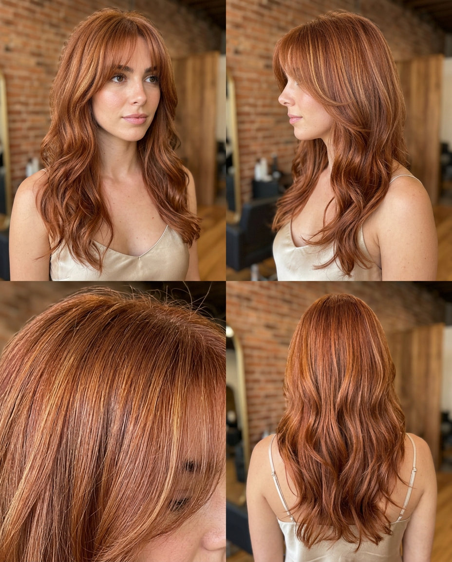 long auburn hair with golden babylights and wispy Birkin bangs for romantic date nights