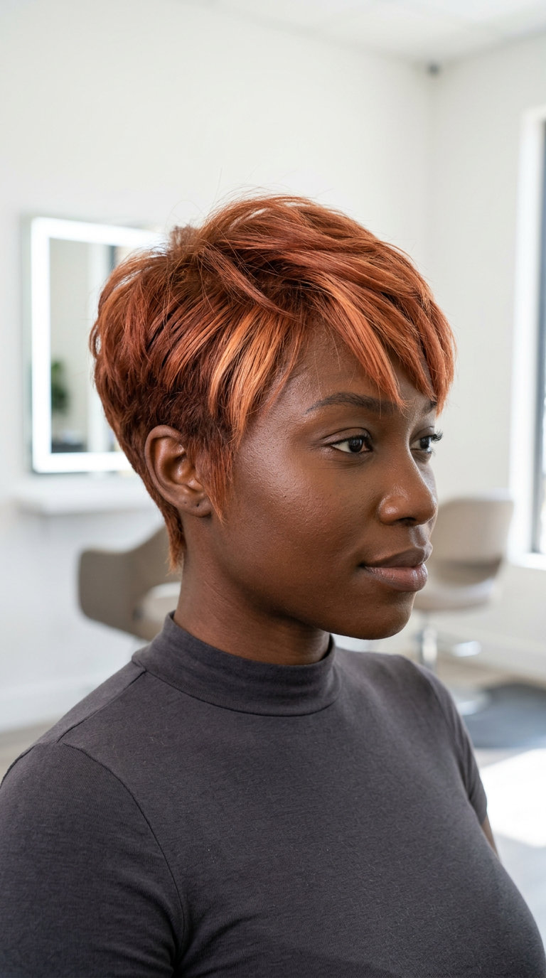 short auburn pixie crop with strawberry auburn & Scandi hairline for summer