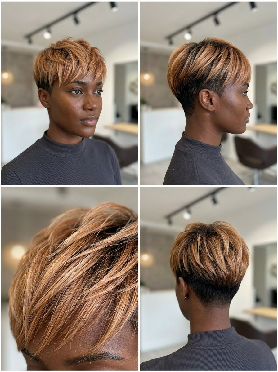 short strawberry blonde auburn pixie with undercut & dark auburn contrast