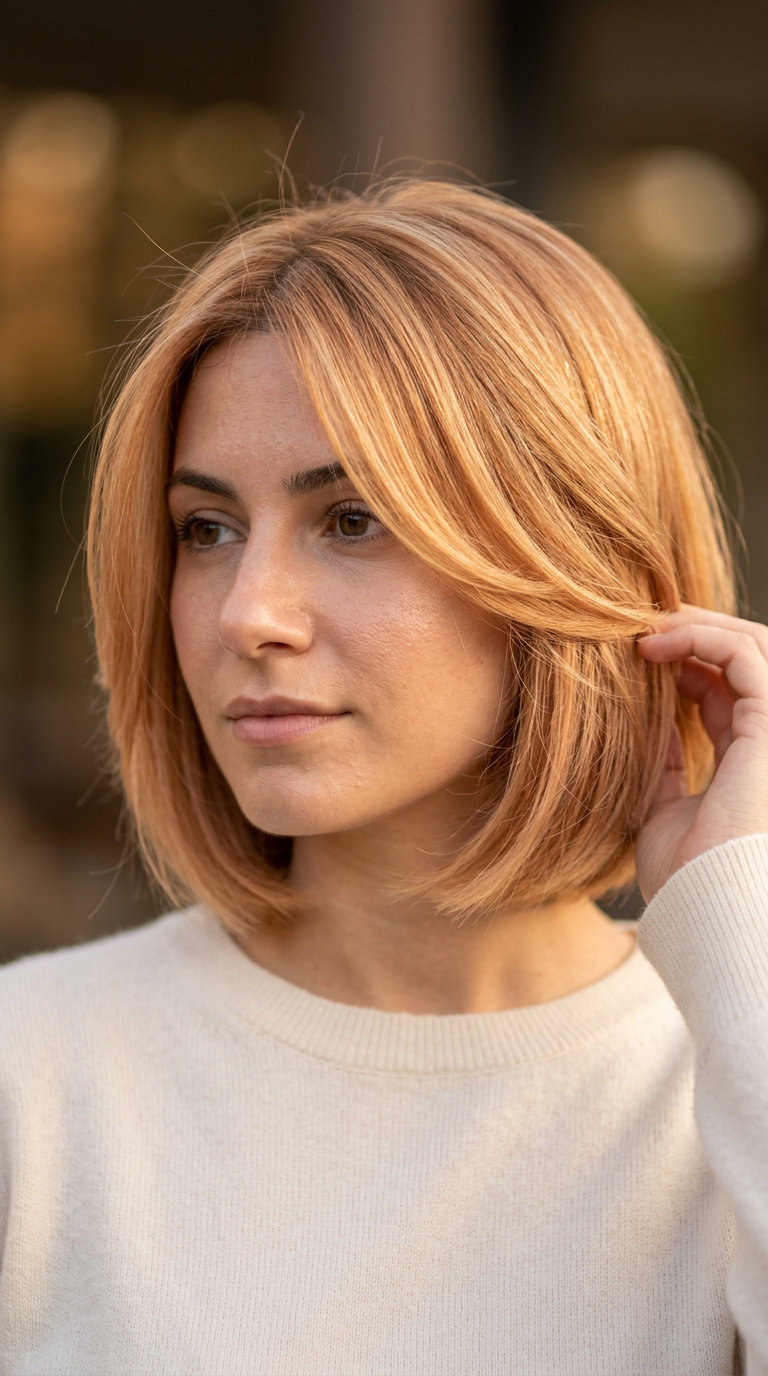 chin-length strawberry blonde bob haircut with golden copper tones, delicate face-framing layers for a soft look