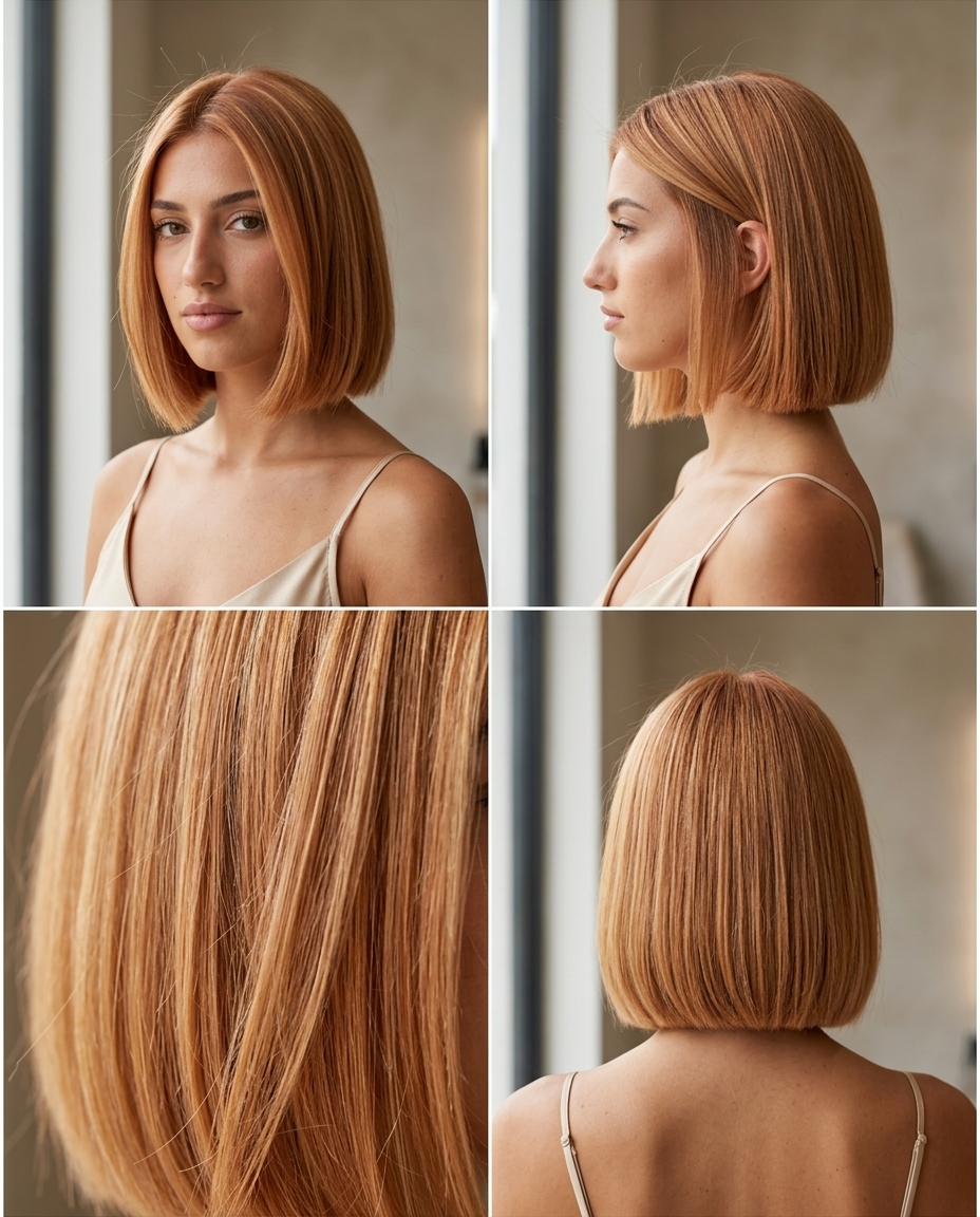 chin-length blunt bob haircut in strawberry blonde with copper highlights, sleek finish, for brunch