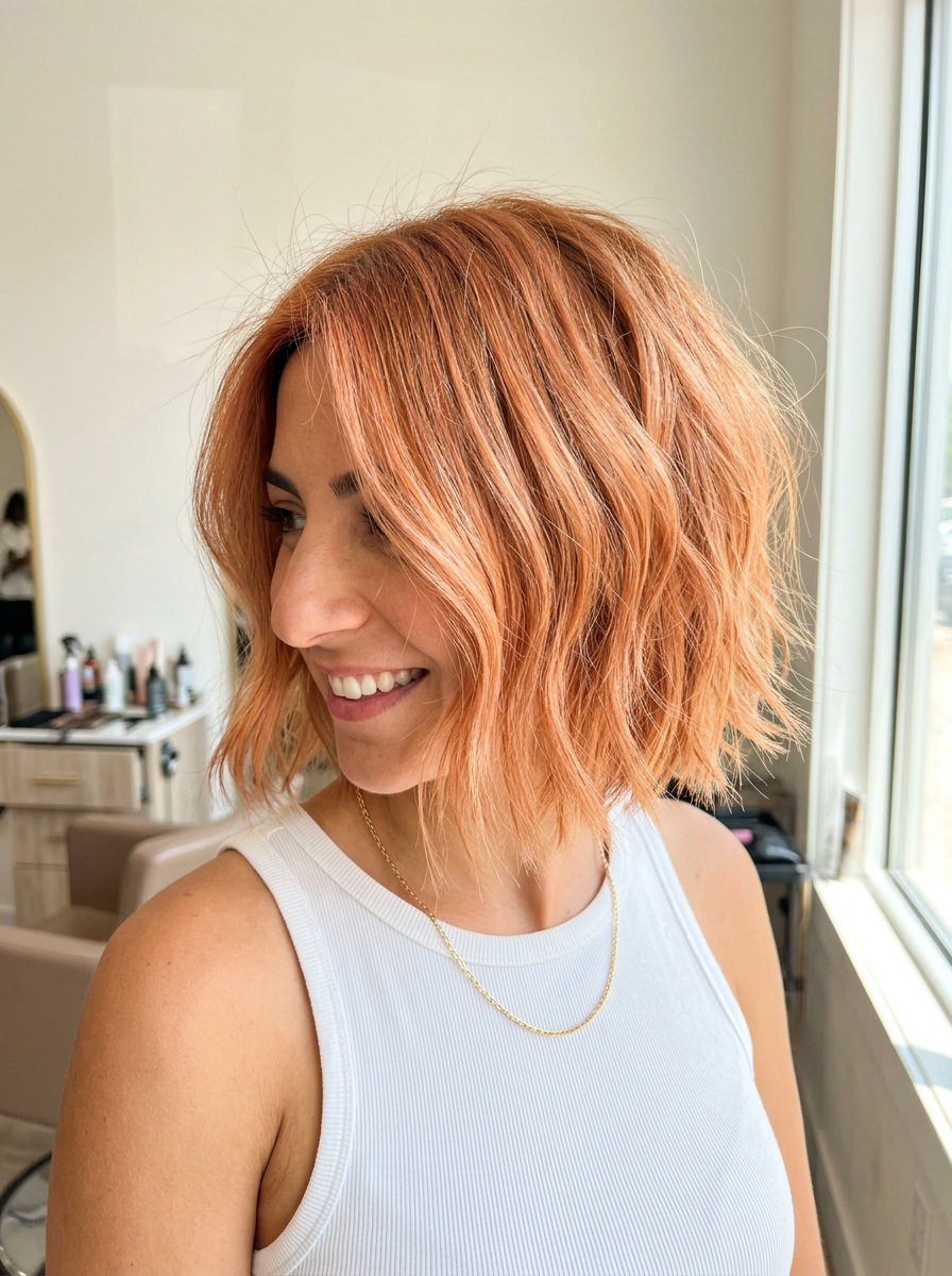 chin-length Italian bob haircut with strawberry blonde, peach undertones, babylights — playful, vibrant