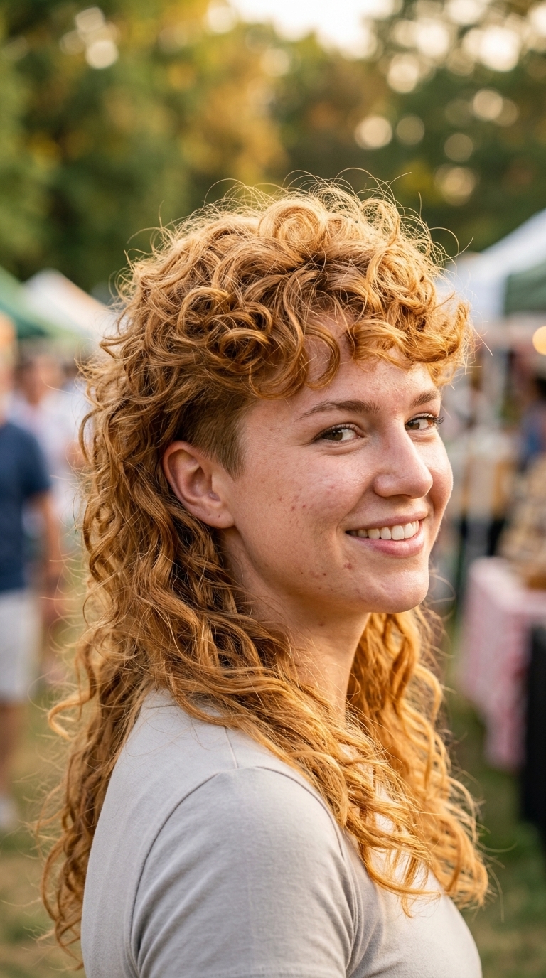 long strawberry blonde curly mullet with babylights and curly fringe for playful look