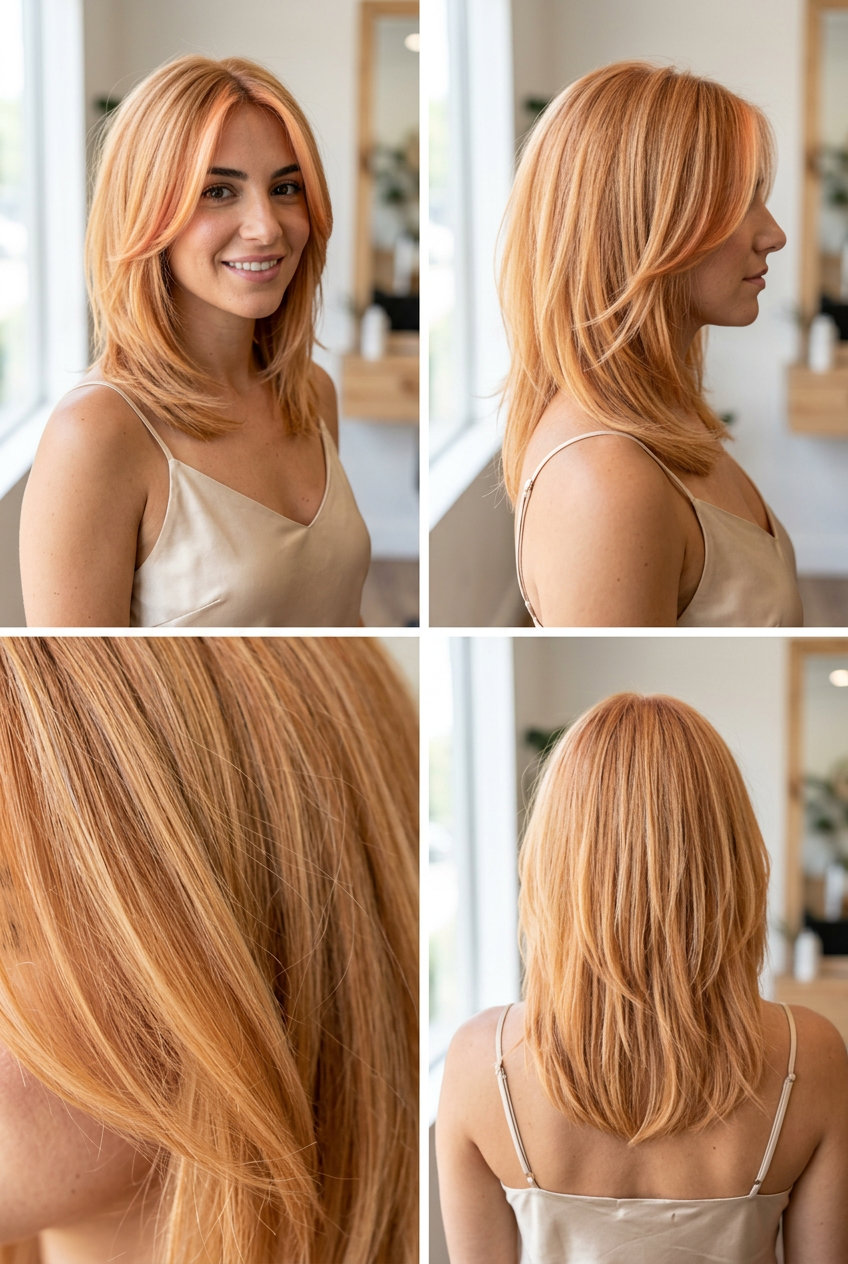 long layered strawberry blonde with peach and golden money pieces for summer