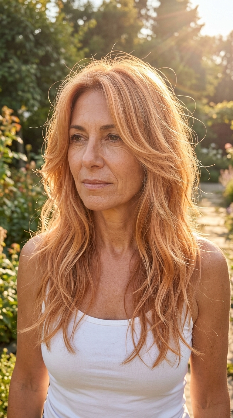 below-collarbone shag haircut in strawberry blonde with copper balayage, feathered texture — playful boho look