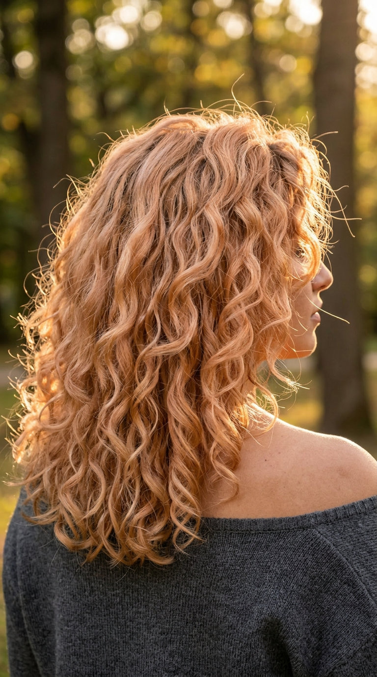 medium curly strawberry blonde balayage with face-framing layers for playful vibes