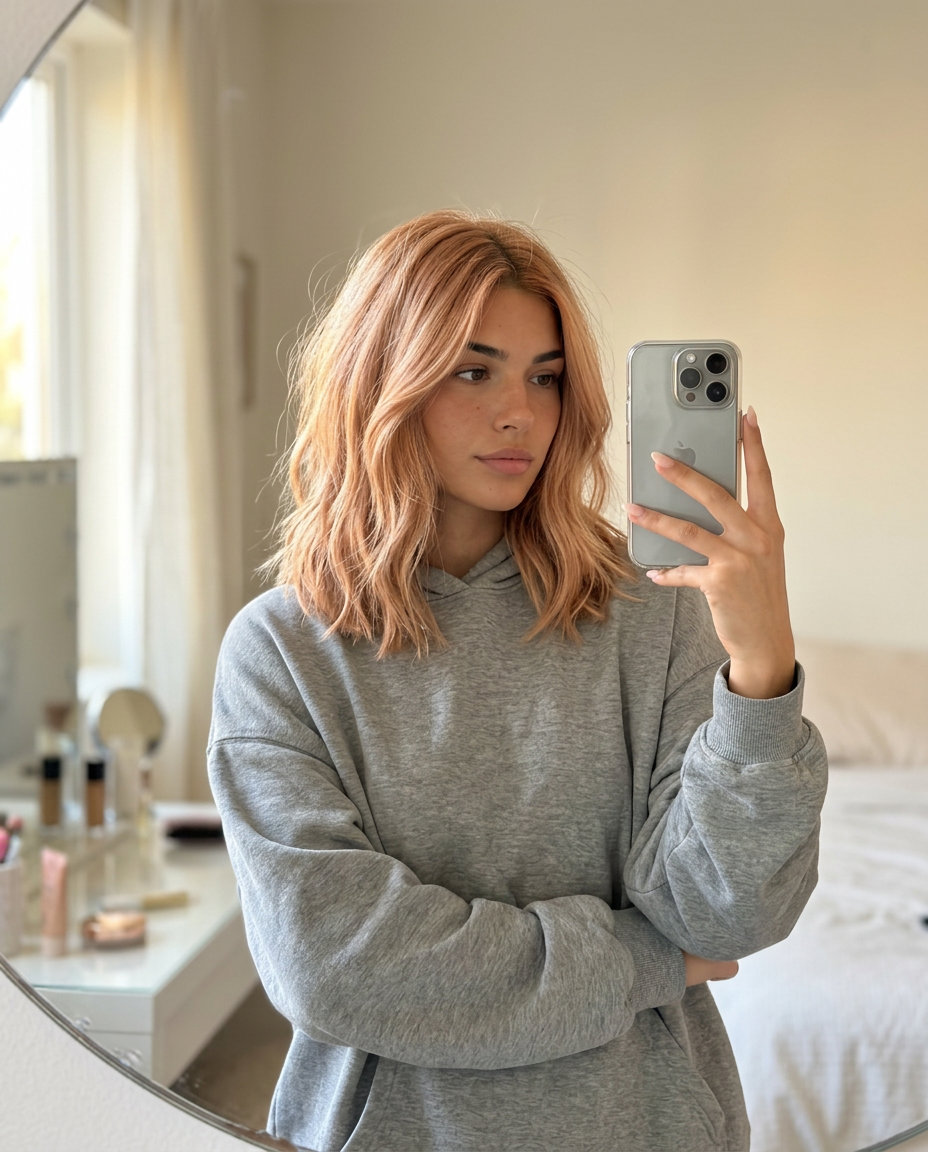 medium textured lob haircut in strawberry blonde with apricot highlights and golden root for summer
