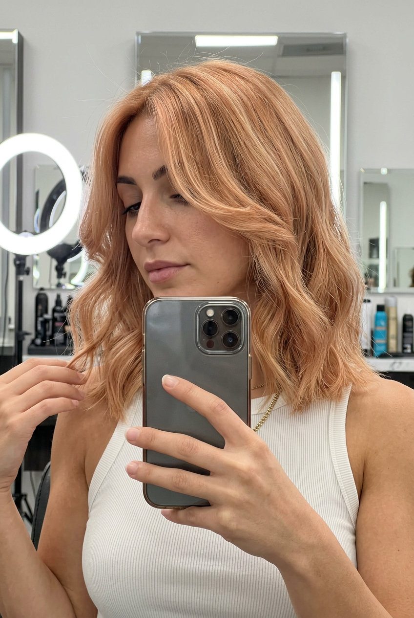 medium textured lob haircut in strawberry blonde with golden peach and light copper for summer