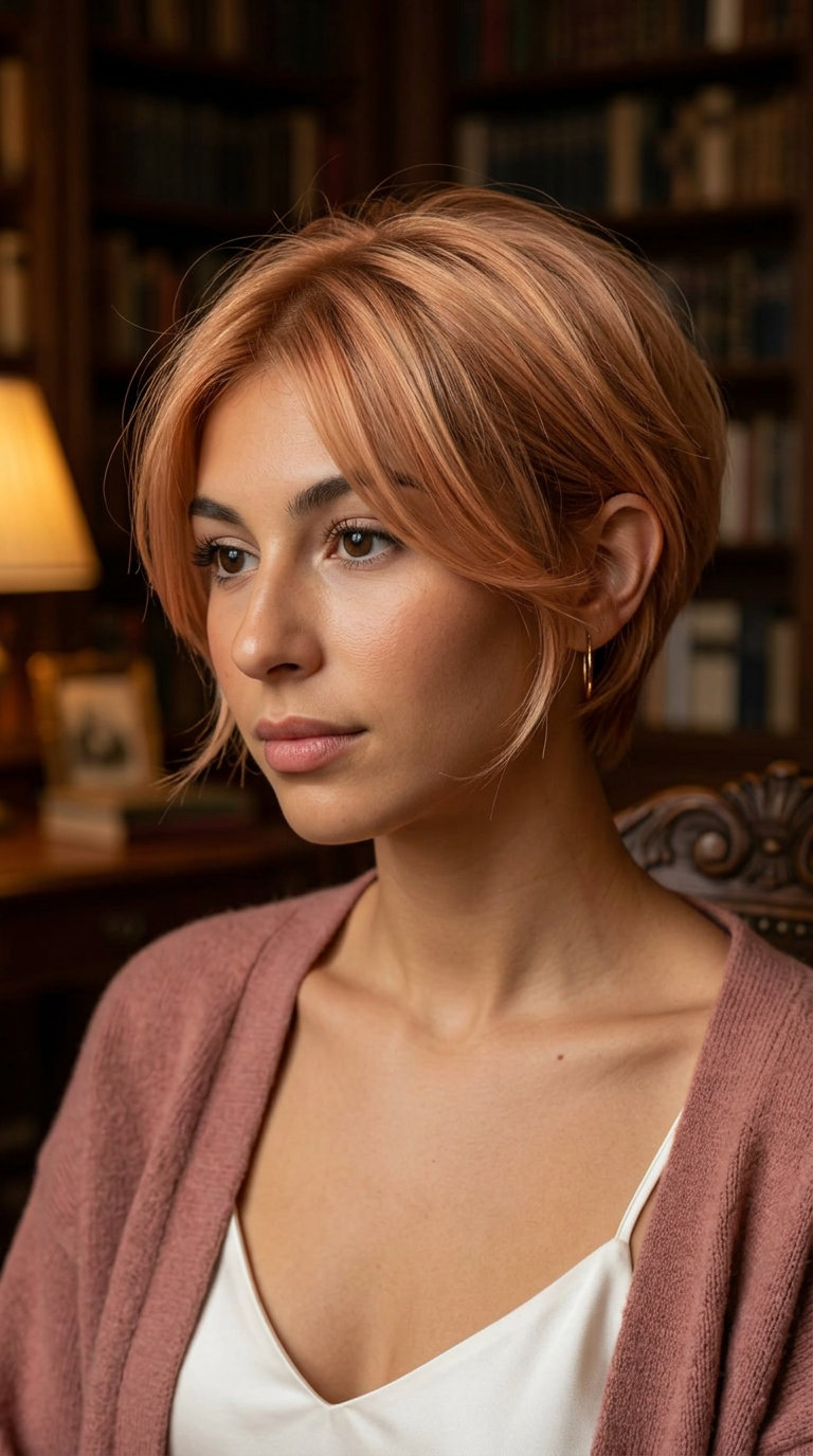 short strawberry blonde crop with golden babylights, airy layers and side-fringe for sweet brunch wear