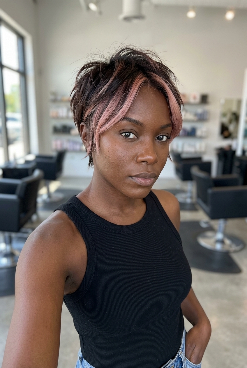 short razored pixie haircut with muted strawberry blonde money pieces, tapered sides, and choppy fringe for a bold look
