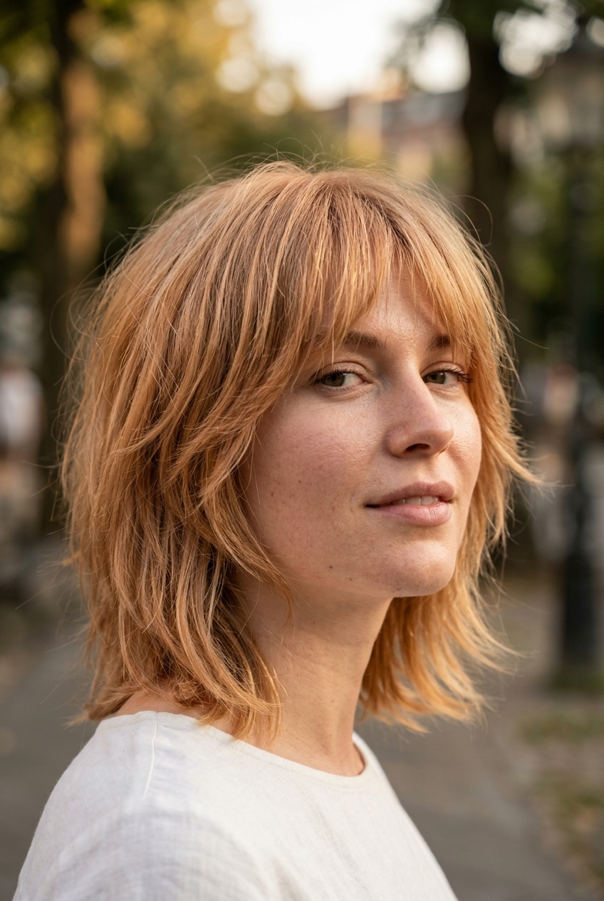 Strawberry Blonde Wolf Cut Bob 2026 short strawberry blonde wolf cut bob with peach-blonde babylights and micro-fringe for brunch