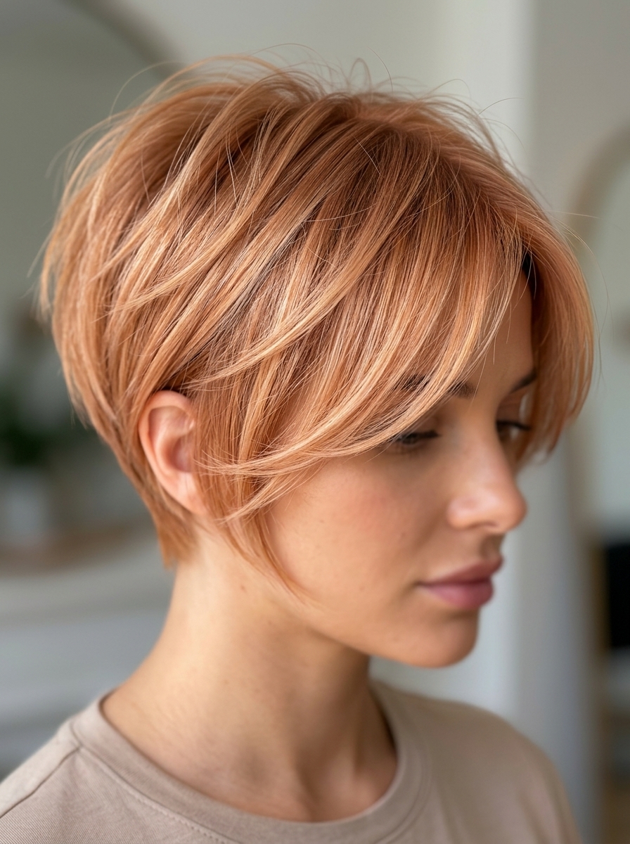 very short pixie haircut with strawberry blonde babylights for date night