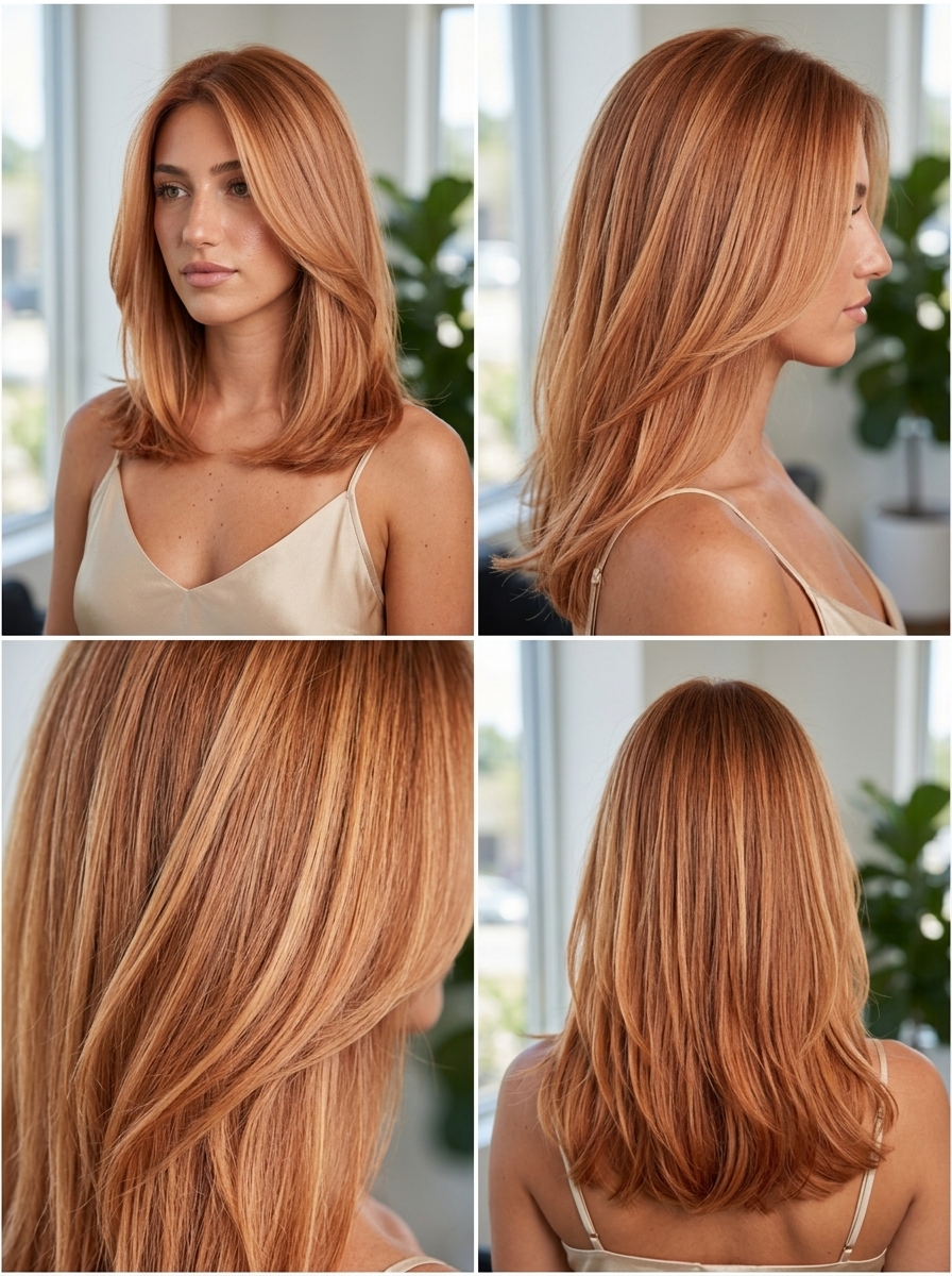 long strawberry copper balayage with golden peach, hand-painted highlights, no fringe — vibrant
