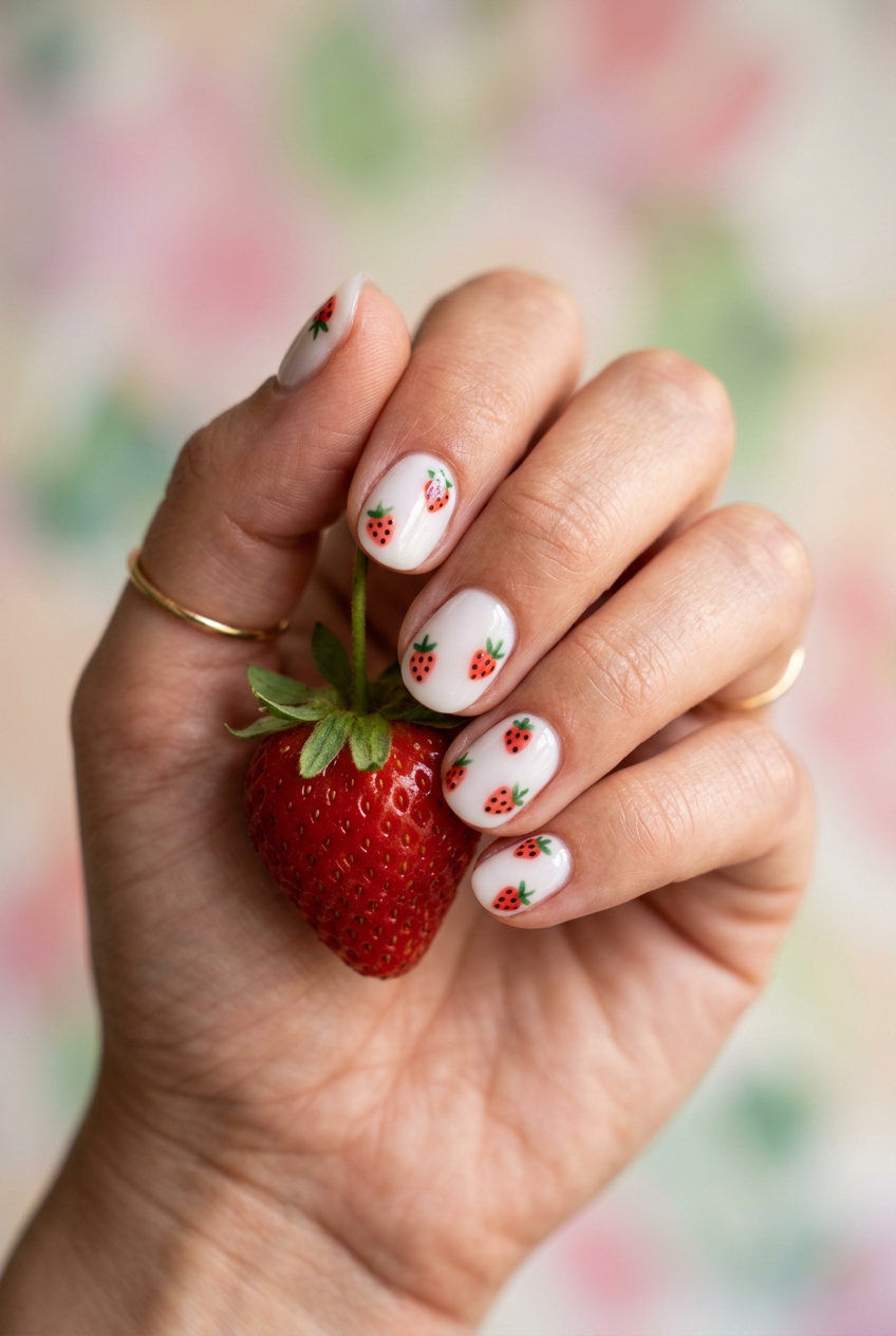 Strawberry Fields Milk Bath nails for summer fruits nail art 2026. Romantic, dreamy, and whimsical milky white with red strawberry accents.