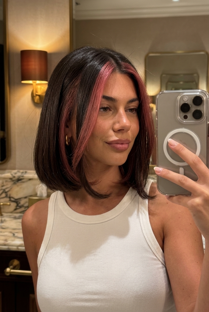 chin-length blunt bob with frosted strawberry pink money pieces, deep espresso base for a chic look