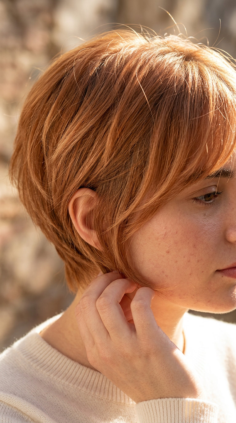 short strawberry auburn pixie cut with tousled layers and side-swept front for weekend