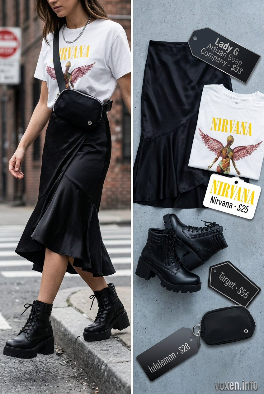 Edgy Summer Asymmetric Skirt Outfits for Women 2026: Black asymmetric skirt, graphic tee, combat boots, belt bag.