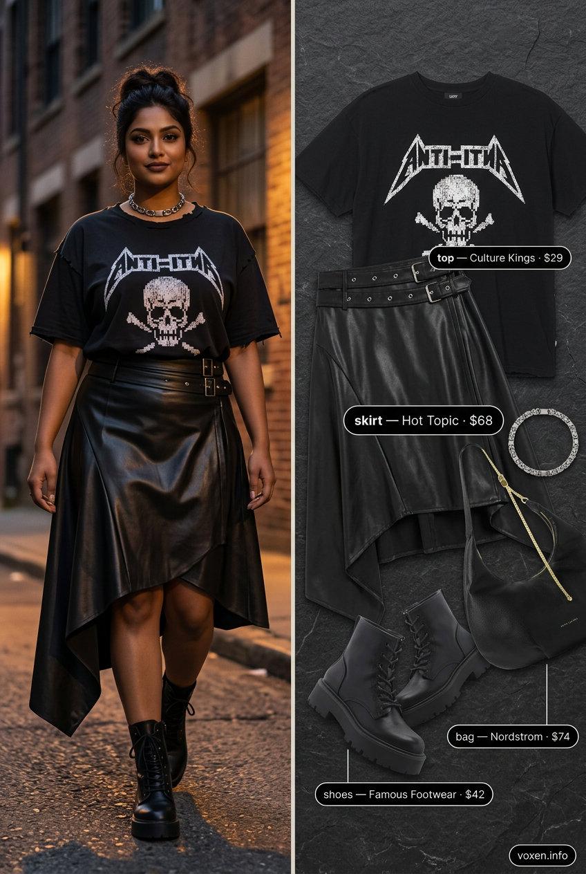 Summer Asymmetric Skirt Outfits for Women 2026: Black faux leather midi skirt, band tee, combat boots, crossbody bag.