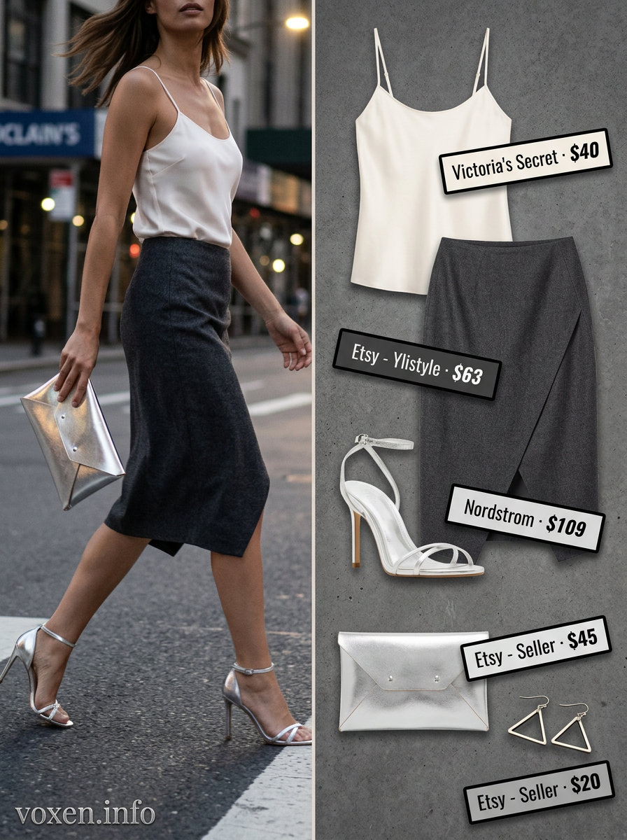 Sophisticated Summer Asymmetric Skirt Outfits for Women 2026: Charcoal asymmetric skirt, ivory camisole, silver heels, clutch.