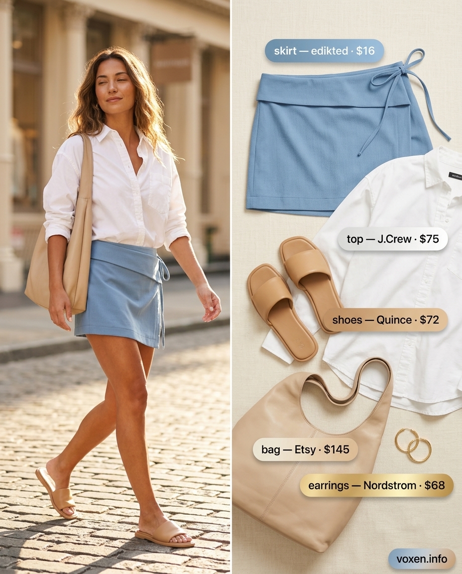 Summer Asymmetric Skirt Outfits for Women 2026: Sky blue asymmetric mini skirt, white oversized shirt, tan slides for coastal casual style.