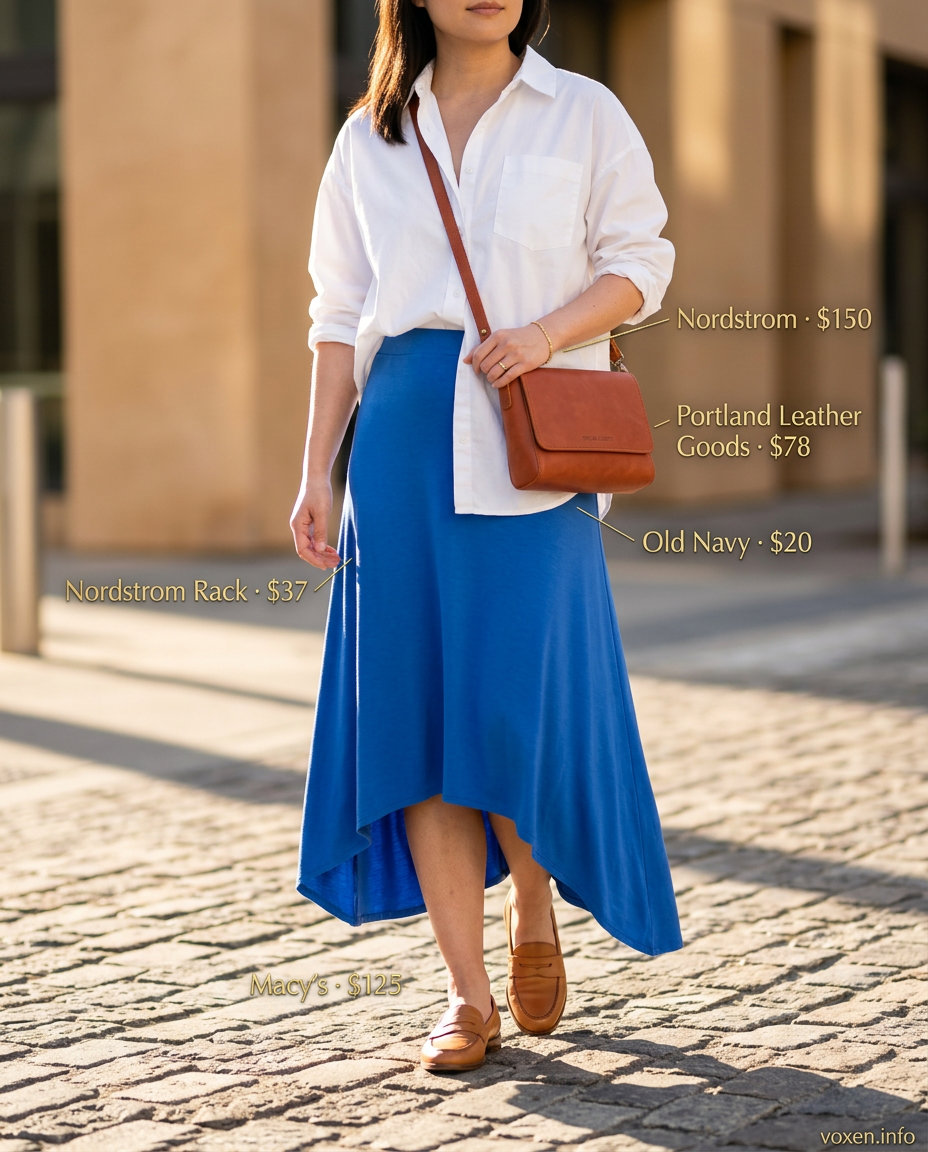 Chic Summer Asymmetric Skirt Outfits for Women 2026: Cobalt blue asymmetric skirt, white shirt, tan loafers, crossbody bag.
