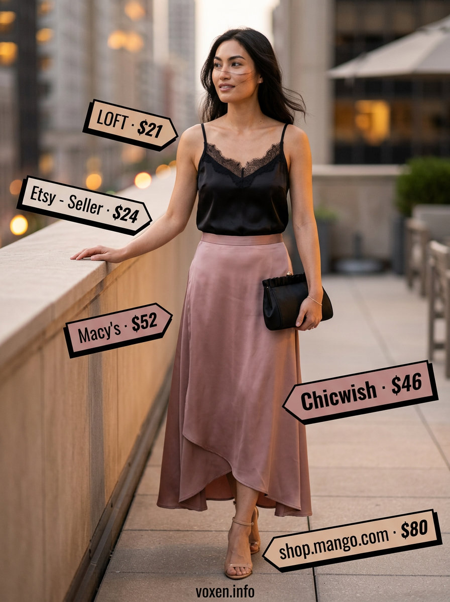 Romantic Summer Asymmetric Skirt Outfits for Women 2026: Coral slip skirt, black lace cami, nude heels, black clutch.