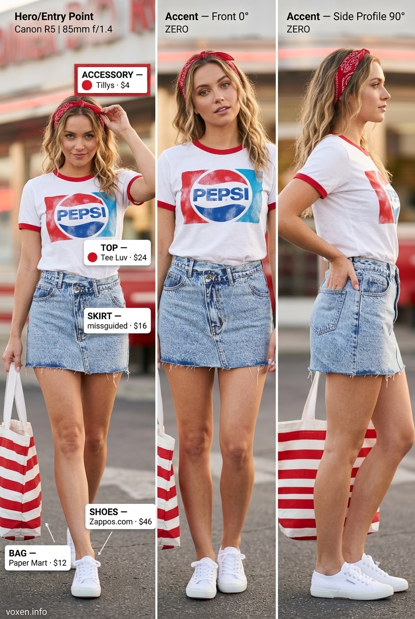 Summer Asymmetric Skirt Outfits for Women 2026: Light wash denim mini skirt, graphic tee, canvas sneakers, bandana.