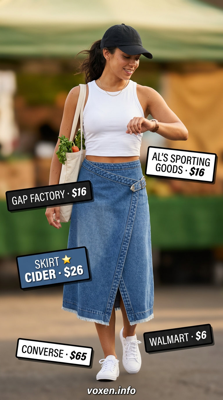 Sporty Summer Asymmetric Skirt Outfits for Women 2026: Denim asymmetric skirt, white crop top, sneakers, baseball cap.