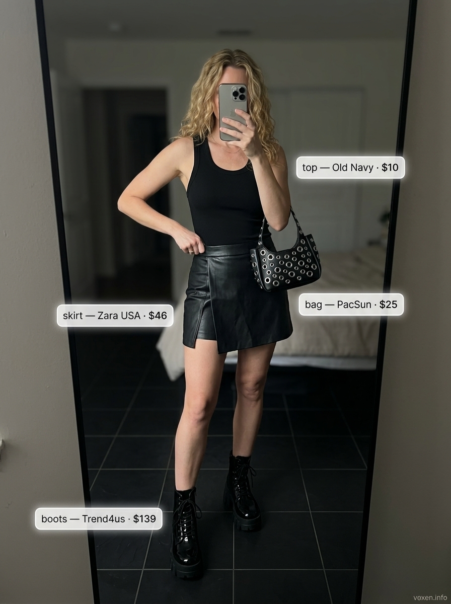 Summer Asymmetric Skirt Outfits for Women 2026: Black faux leather asymmetric skirt, ribbed tank, combat boots for edgy street style.
