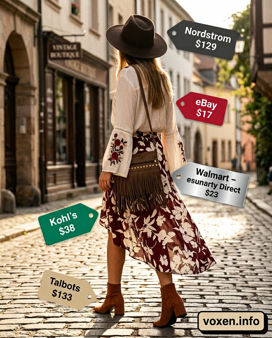 Boho Summer Asymmetric Skirt Outfits for Women 2026: Floral maxi skirt, cream peasant blouse, felt hat, fringe bag, suede boots.