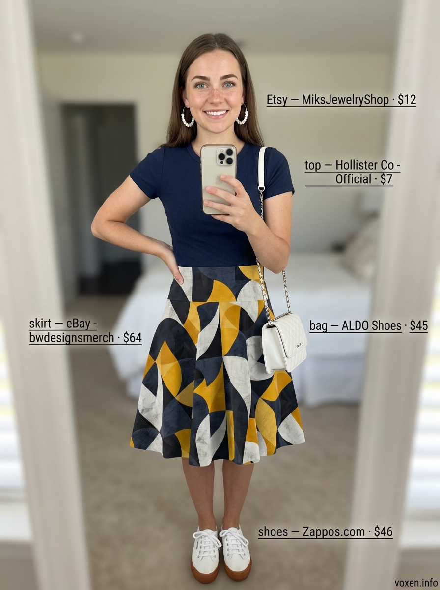 Summer Asymmetric Skirt Outfits for Women 2026: Geometric mini skirt, navy tee, white sneakers, crossbody bag.