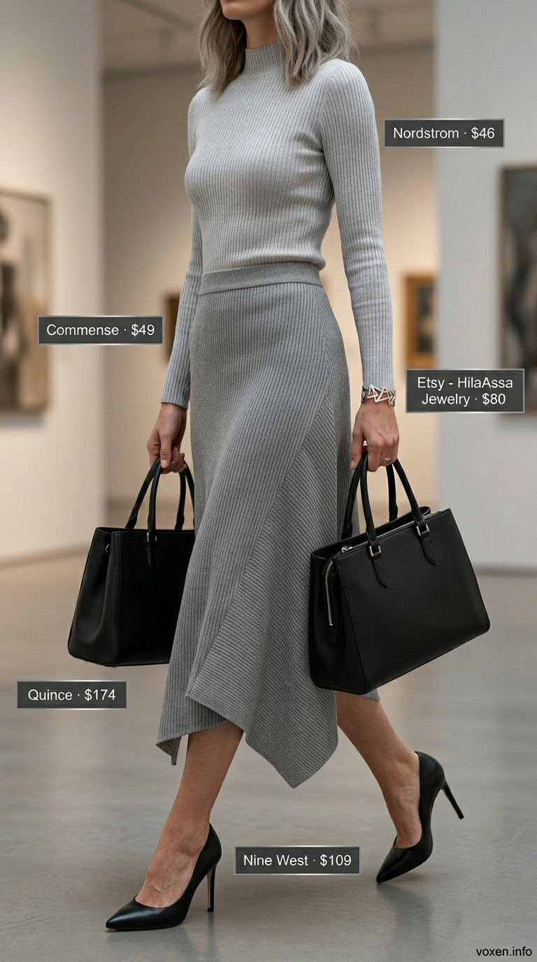 Summer Asymmetric Skirt Outfits for Women 2026: Charcoal asymmetric midi skirt, black knit top, pumps for business casual.