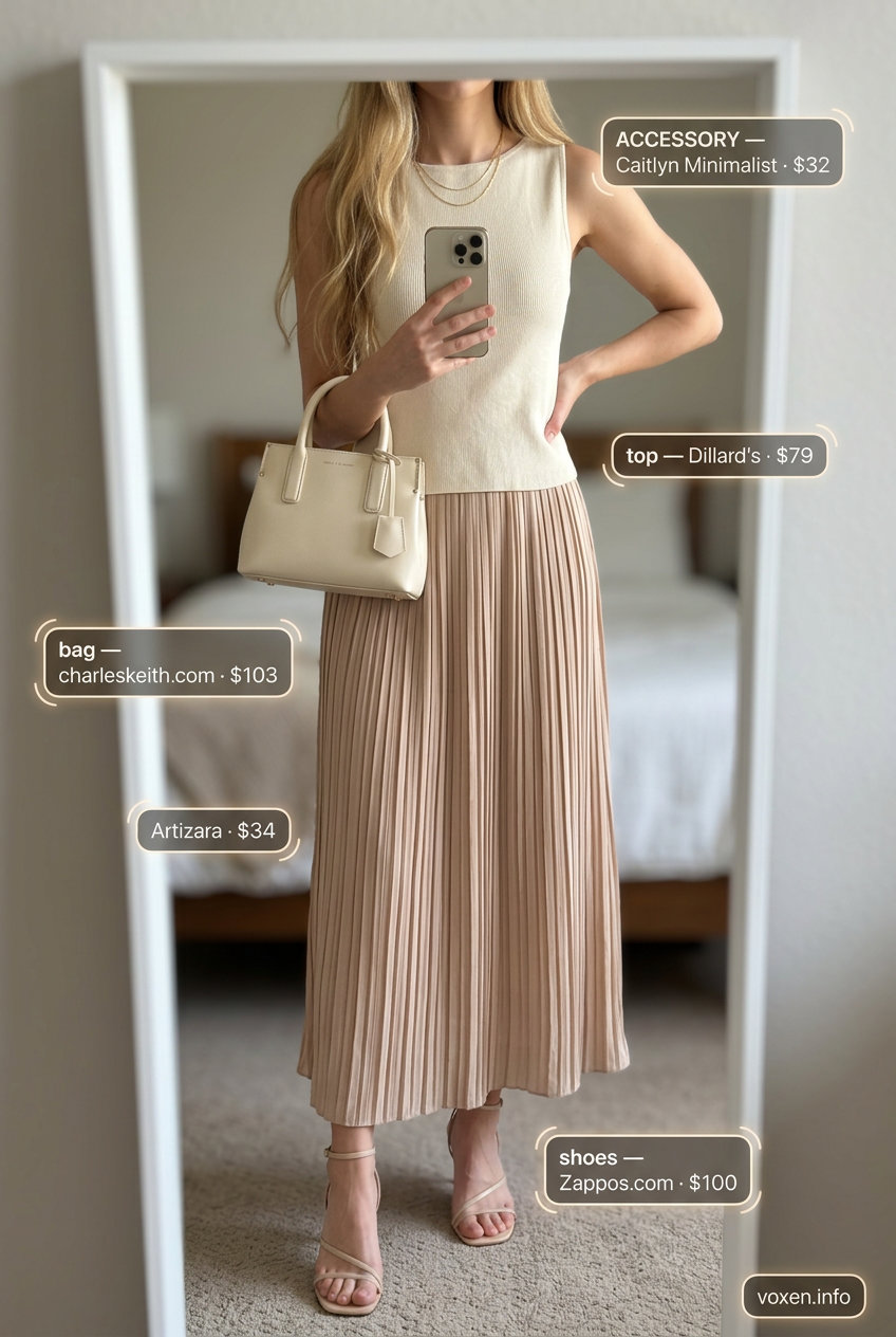 Summer Asymmetric Skirt Outfits for Women 2026: Beige asymmetric maxi skirt, knit top, strappy sandals for elegant resort wear.
