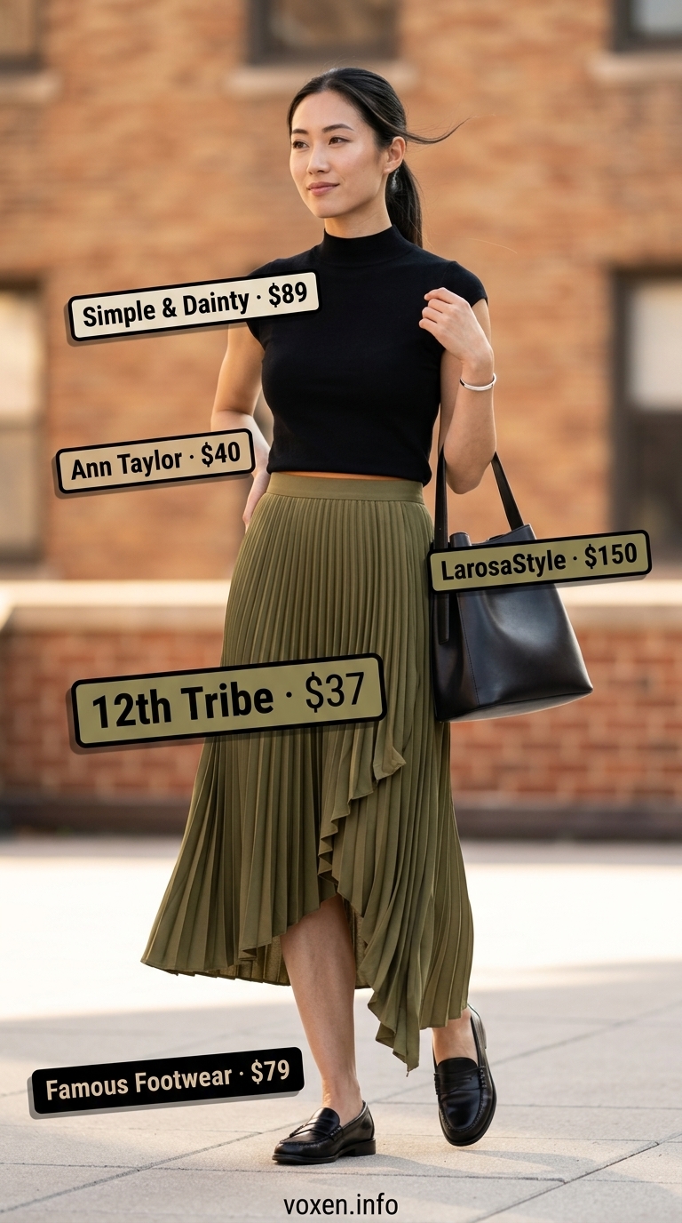 Summer Asymmetric Skirt Outfits for Women 2026: Olive green pleated midi skirt, black mock neck top, leather loafers.
